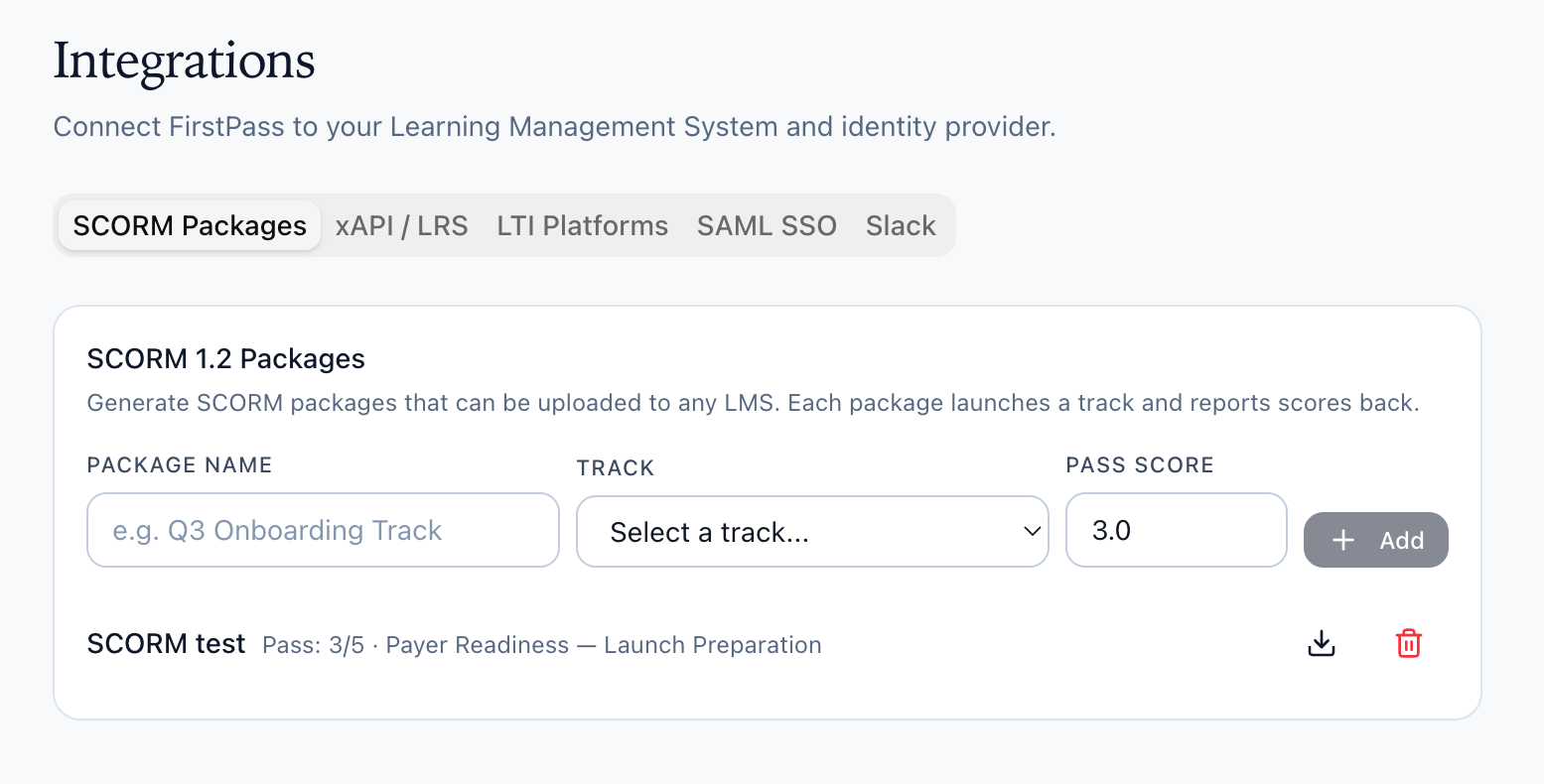 FirstPass SCORM integration settings