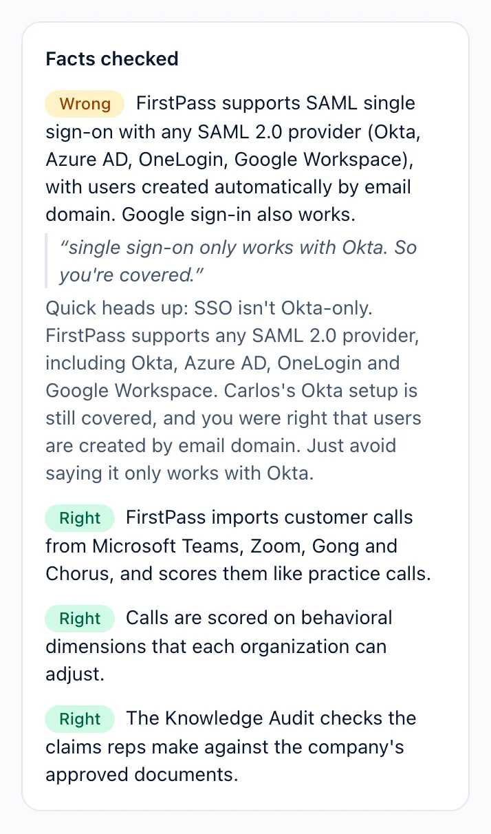 Facts checked on a live call: one claim marked Wrong with the correct version, three marked Right