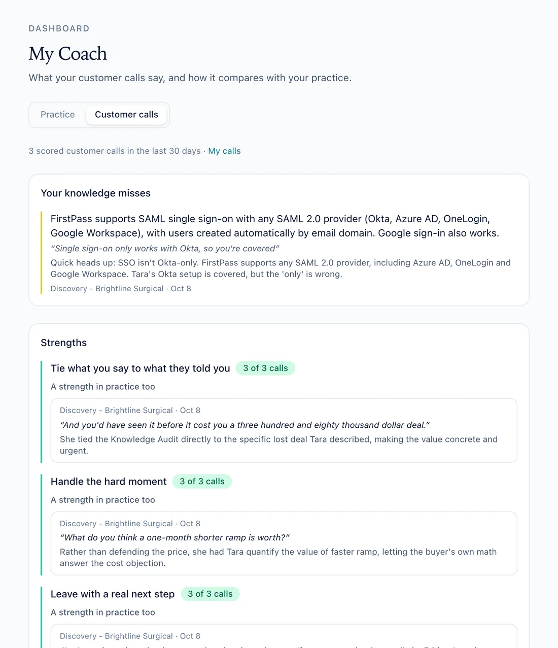 My Coach, Customer calls view: the rep&rsquo;s knowledge misses with the correct fact, then strengths counted across their real calls, each with a quote