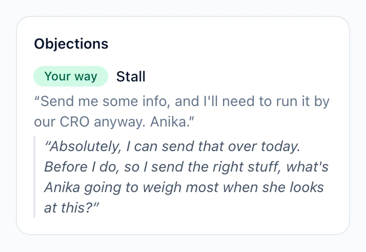 An objection on a FirstPass scorecard: the buyer stalls, and the rep&rsquo;s answer is marked Your way