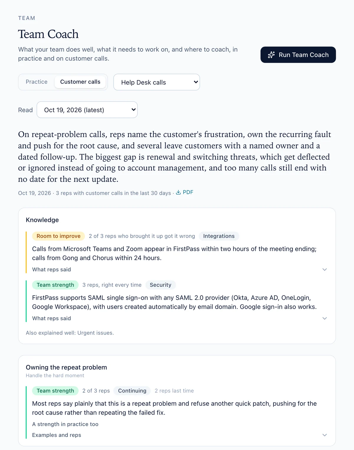 Team Coach reading a help desk team&rsquo;s customer calls: a summary of how they handle repeat problems, what they get wrong about the product, and how they own the recurring fault