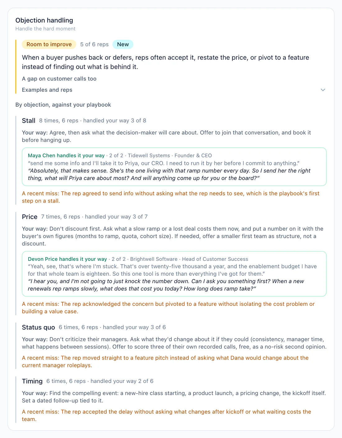 Team Coach objection handling: each objection type with how often it was handled your way, the playbook line, the rep who handles it best, and a recent miss