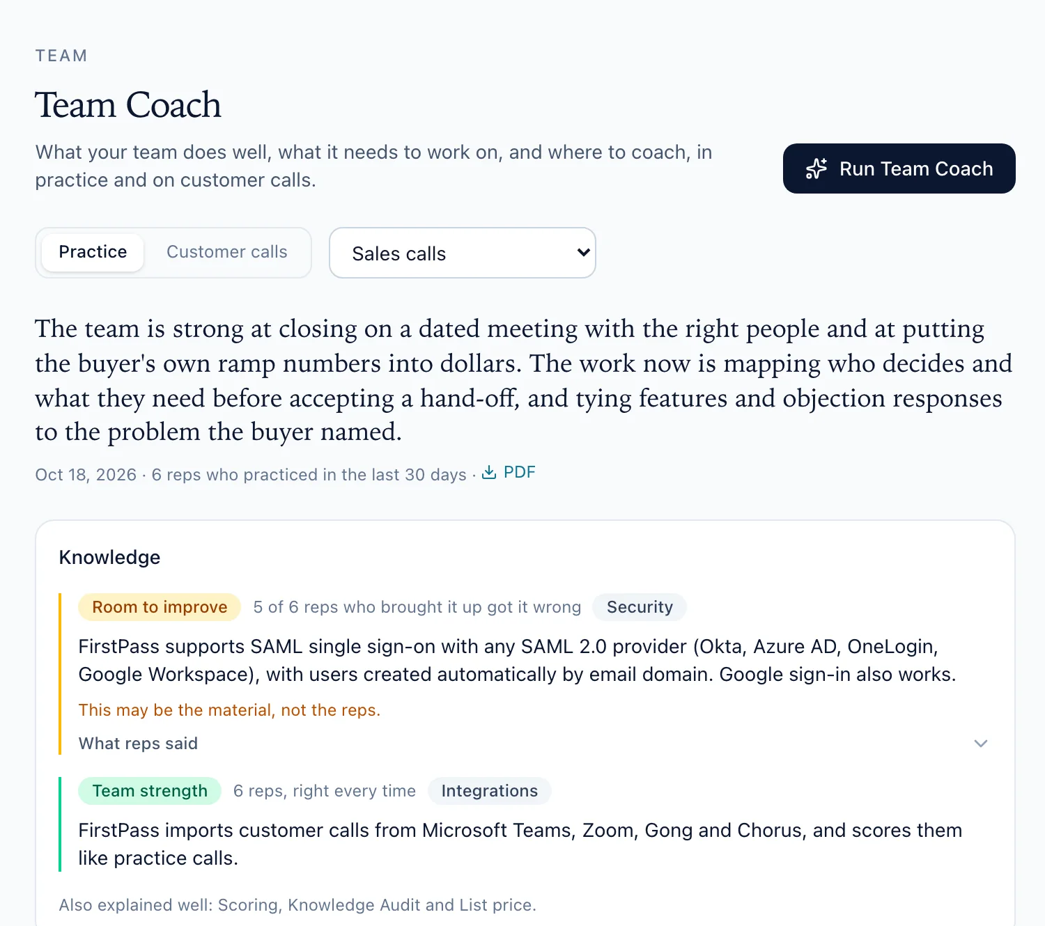FirstPass Team Coach: a written read of the team, then what it knows and gets wrong about the product, with findings marked Team strength or Room to improve