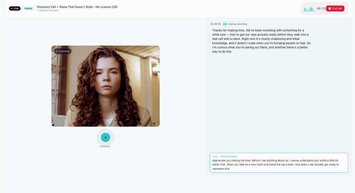 Avatar call session showing AI buyer with live transcript
