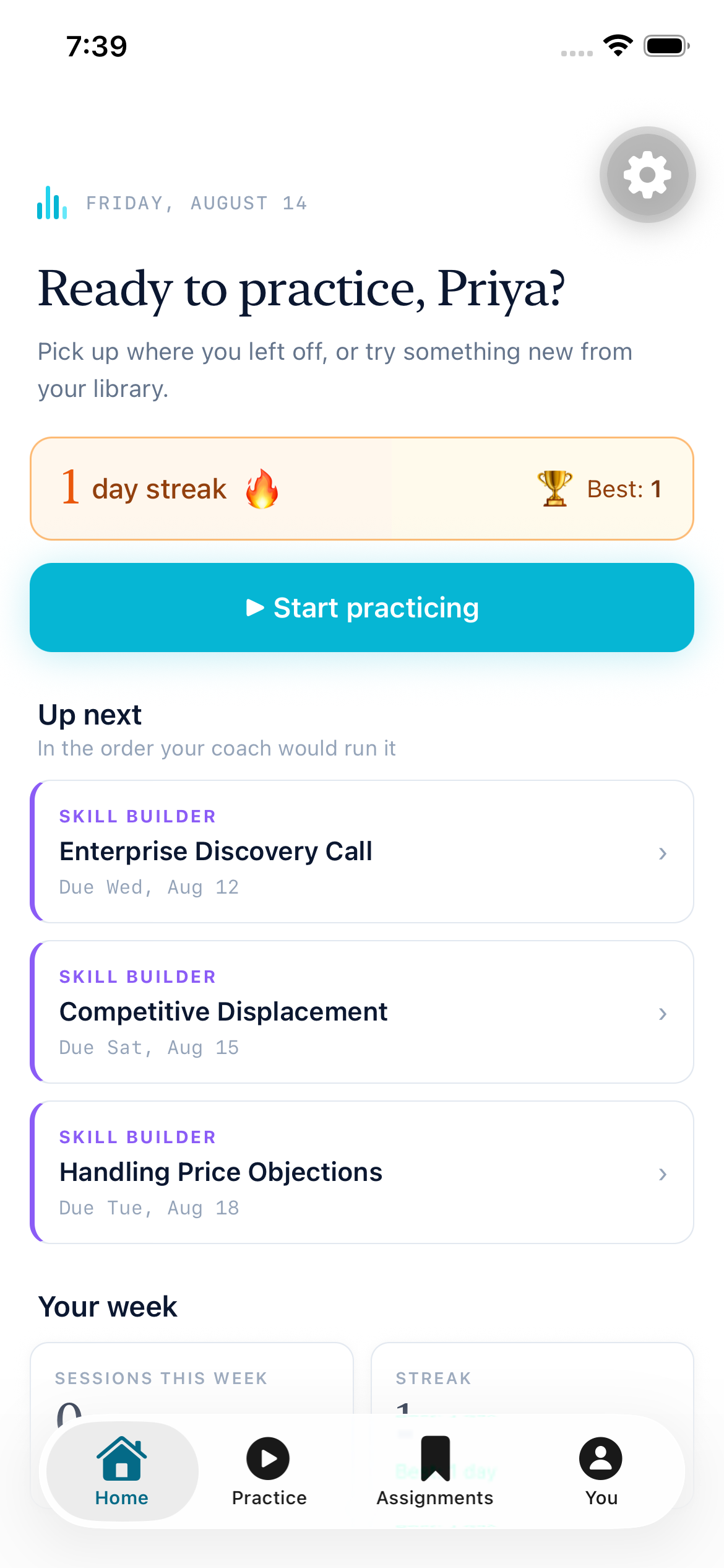 FirstPass mobile — home screen with practice streak and assignments