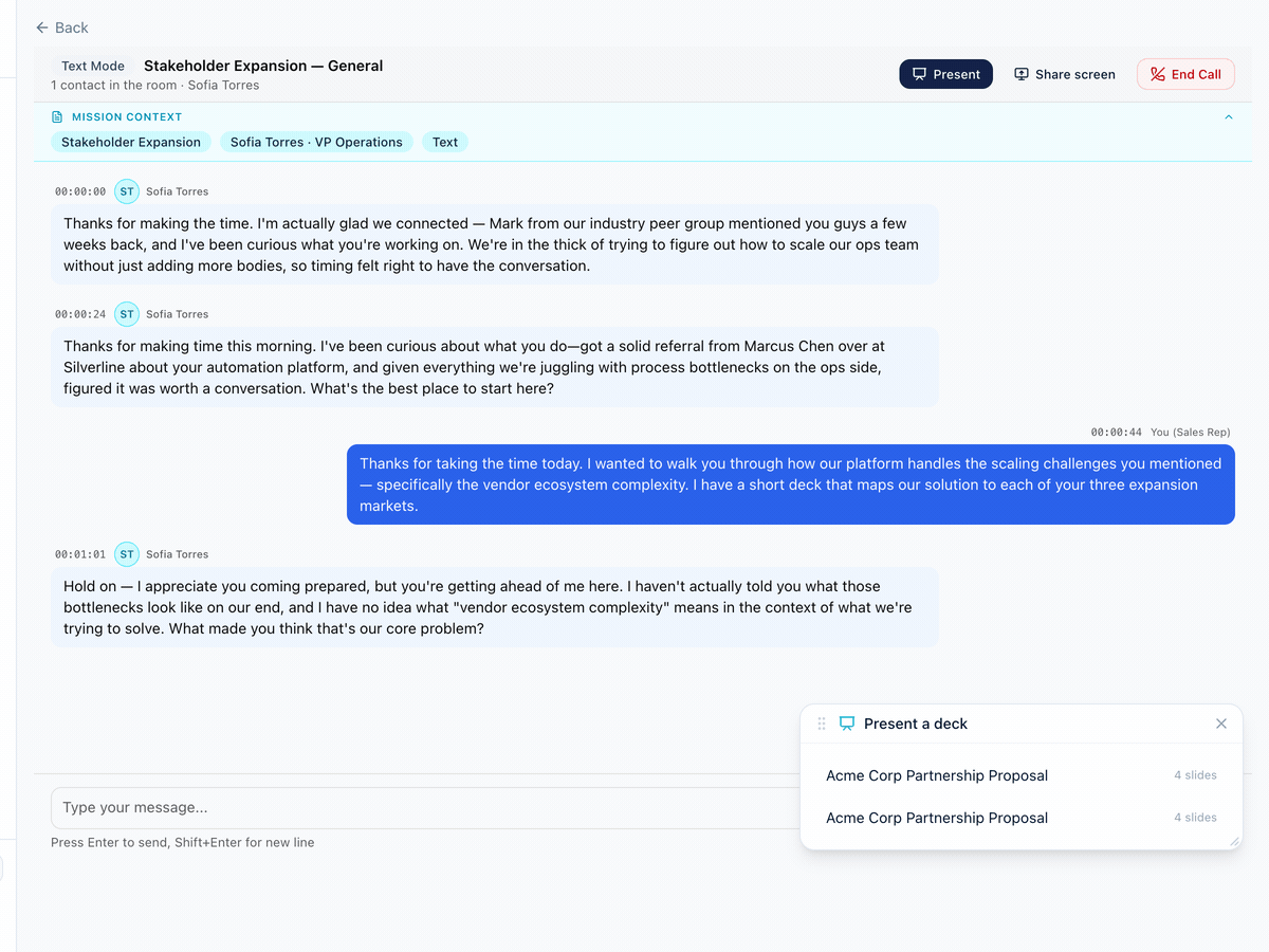 FirstPass presentation mode with AI buyer reacting to slides